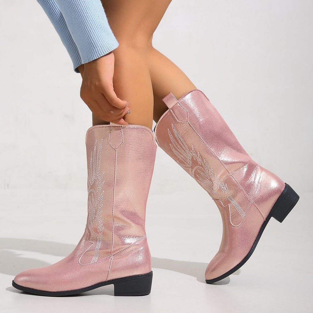 Embroidered Pointed Toe Western Cowboy Boots - Pearl Pink
