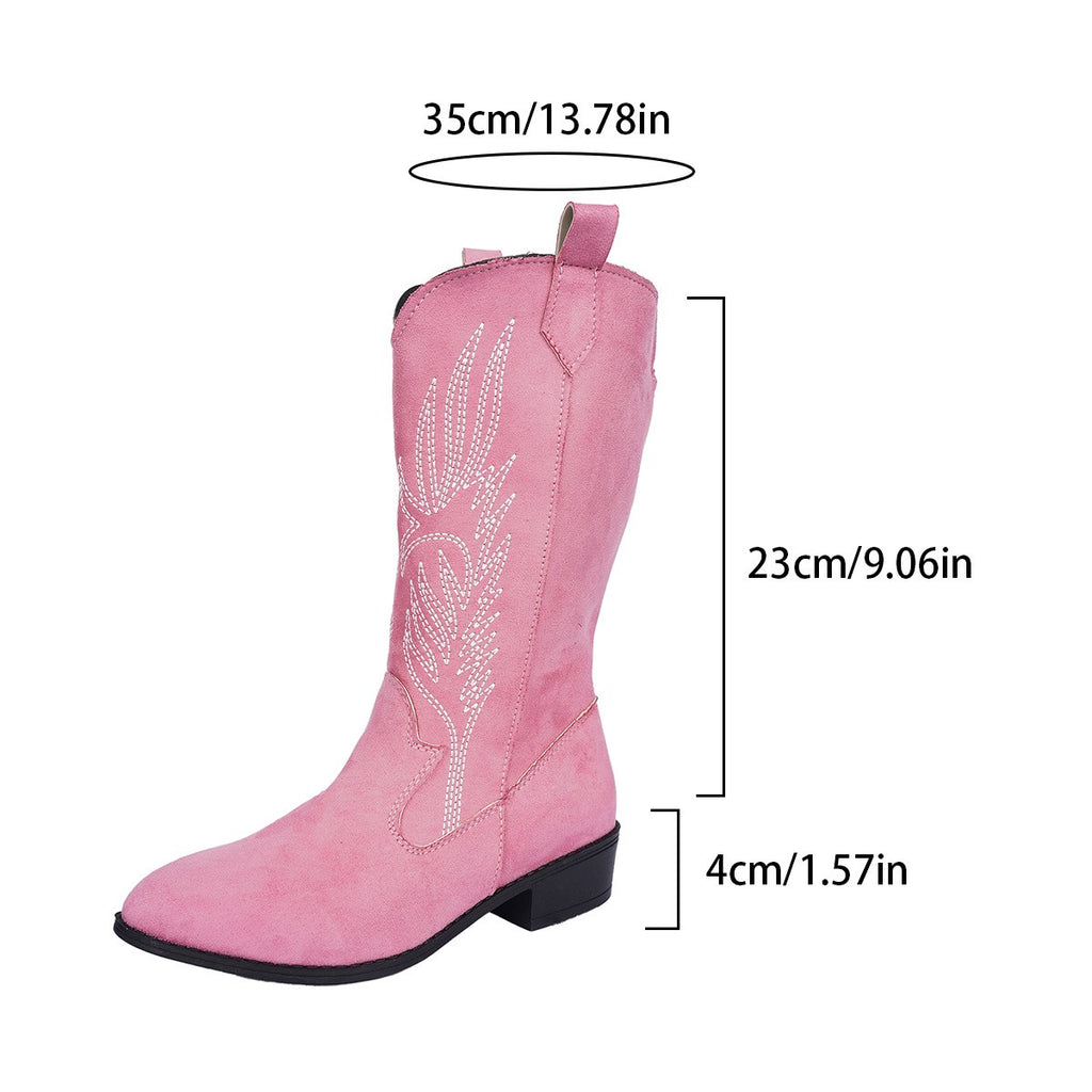 Embroidered Pointed Toe Western Cowboy Boots - Pink Suede