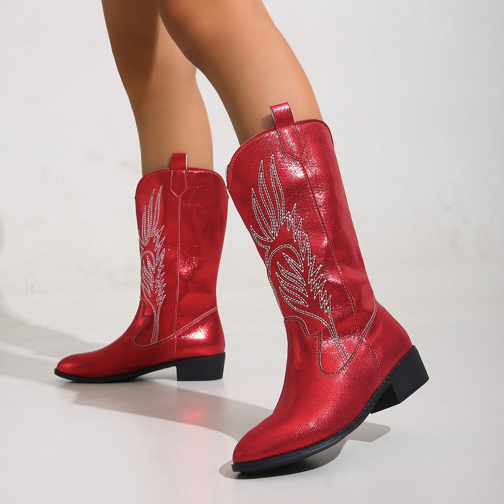 Embroidered Pointed Toe Western Cowboy Boots - Red