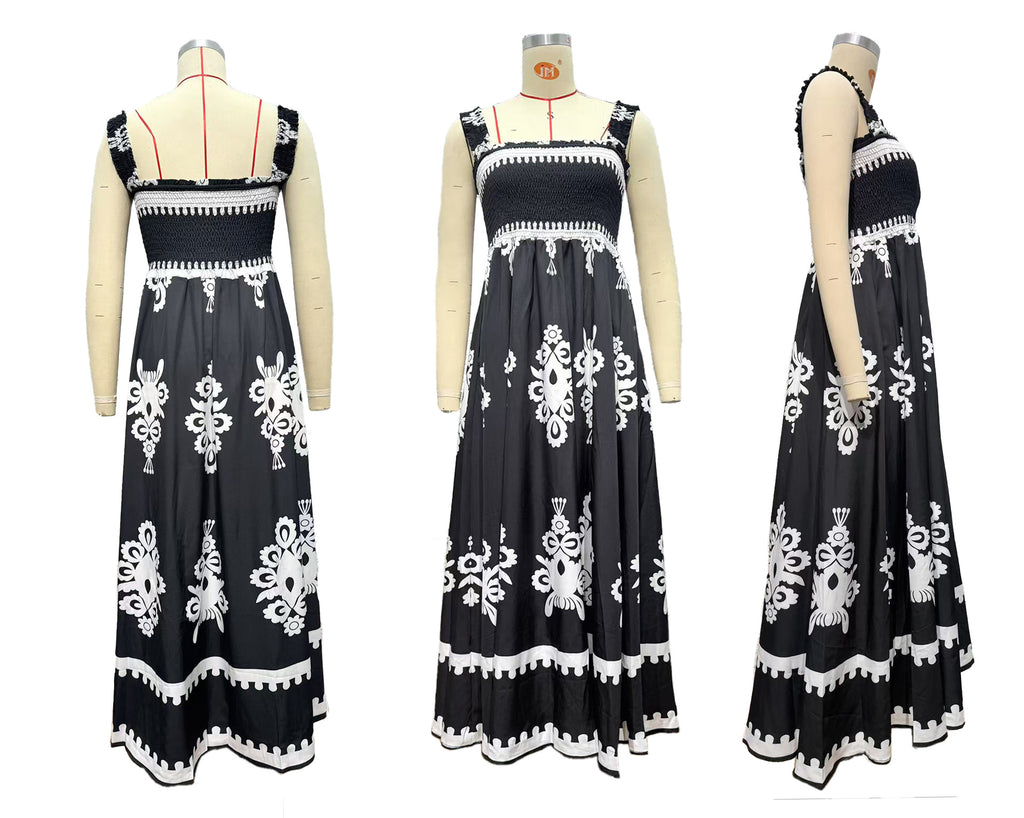 Smocked Bodice Border Print Maxi Dress - Black