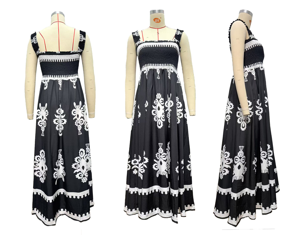 Smocked Bodice Border Print Maxi Dress - Black