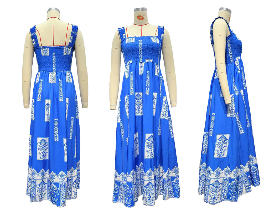 Smocked Bodice Border Print Maxi Dress - Blue-2