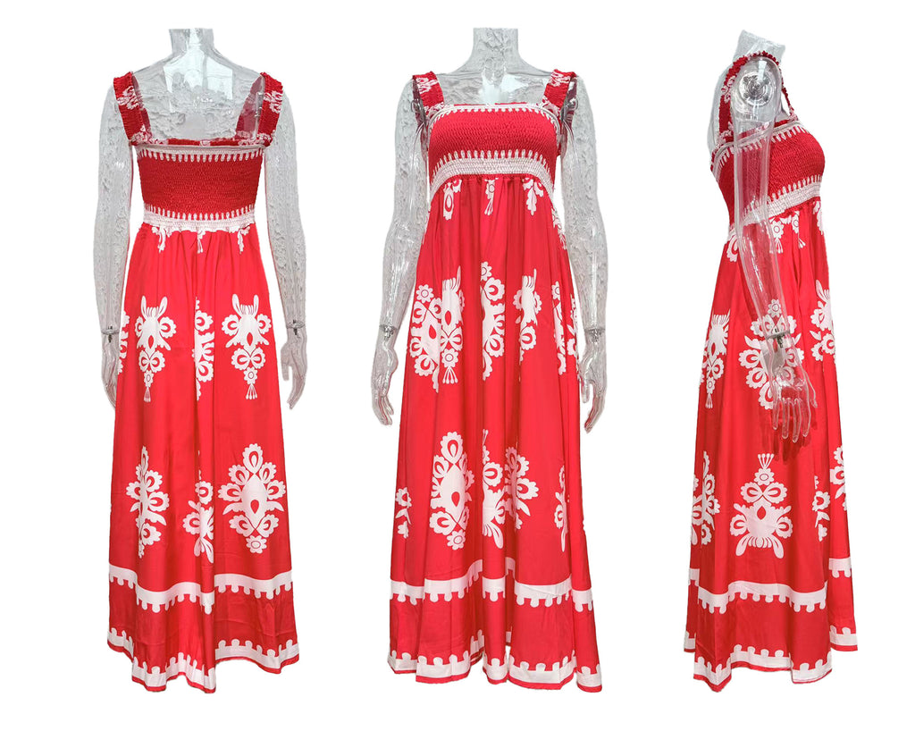 Smocked Bodice Border Print Maxi Dress - Rosered