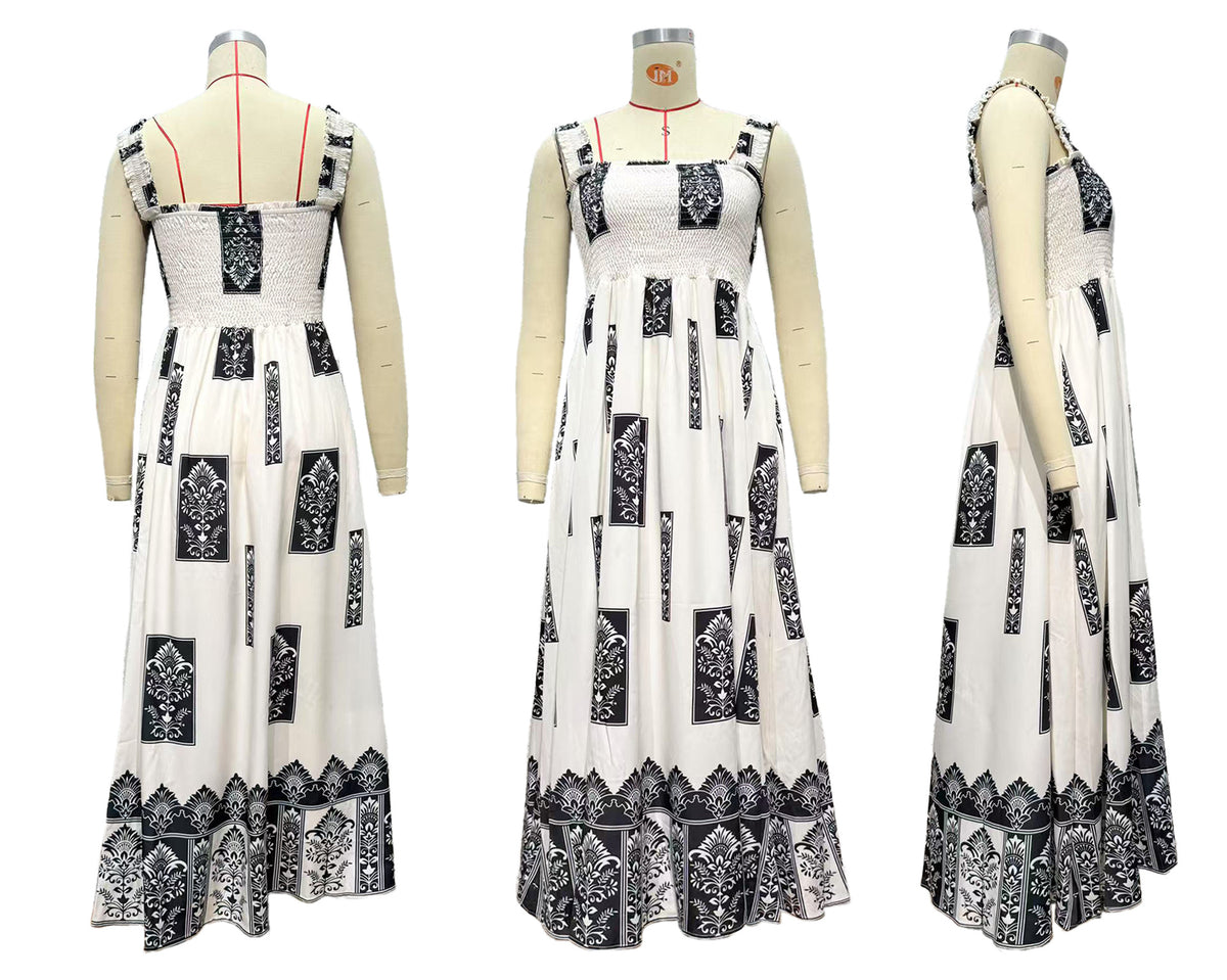 Smocked Bodice Border Print Maxi Dress - White