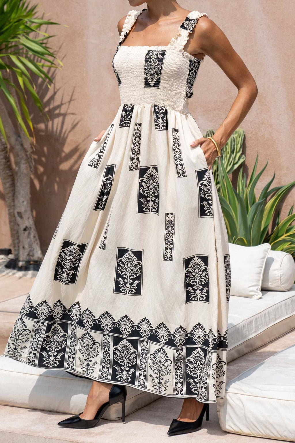 Smocked Bodice Border Print Maxi Dress