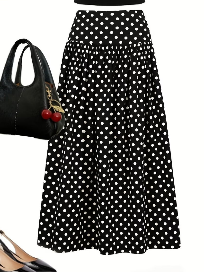 High Waist Polka Dot Maxi Skirt - Black