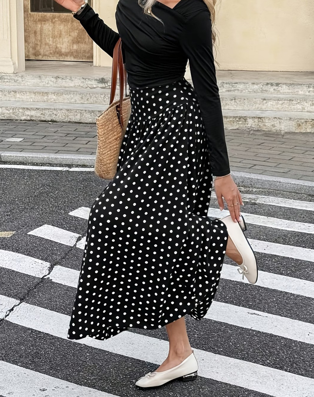 High Waist Polka Dot Maxi Skirt - Black - 1