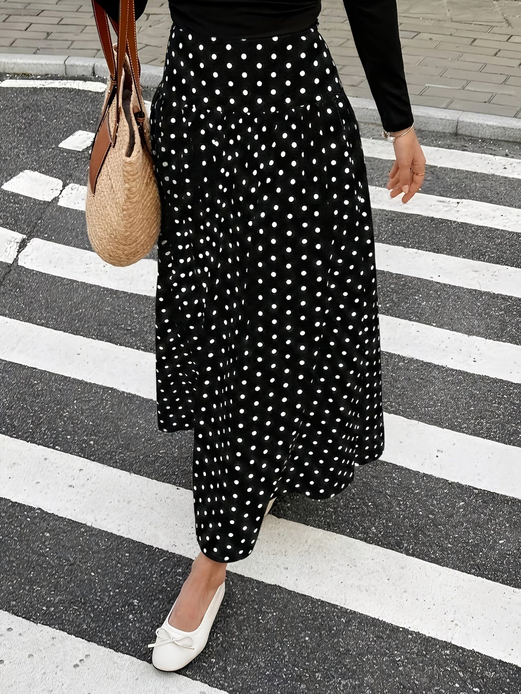 High Waist Polka Dot Maxi Skirt - Black - 2