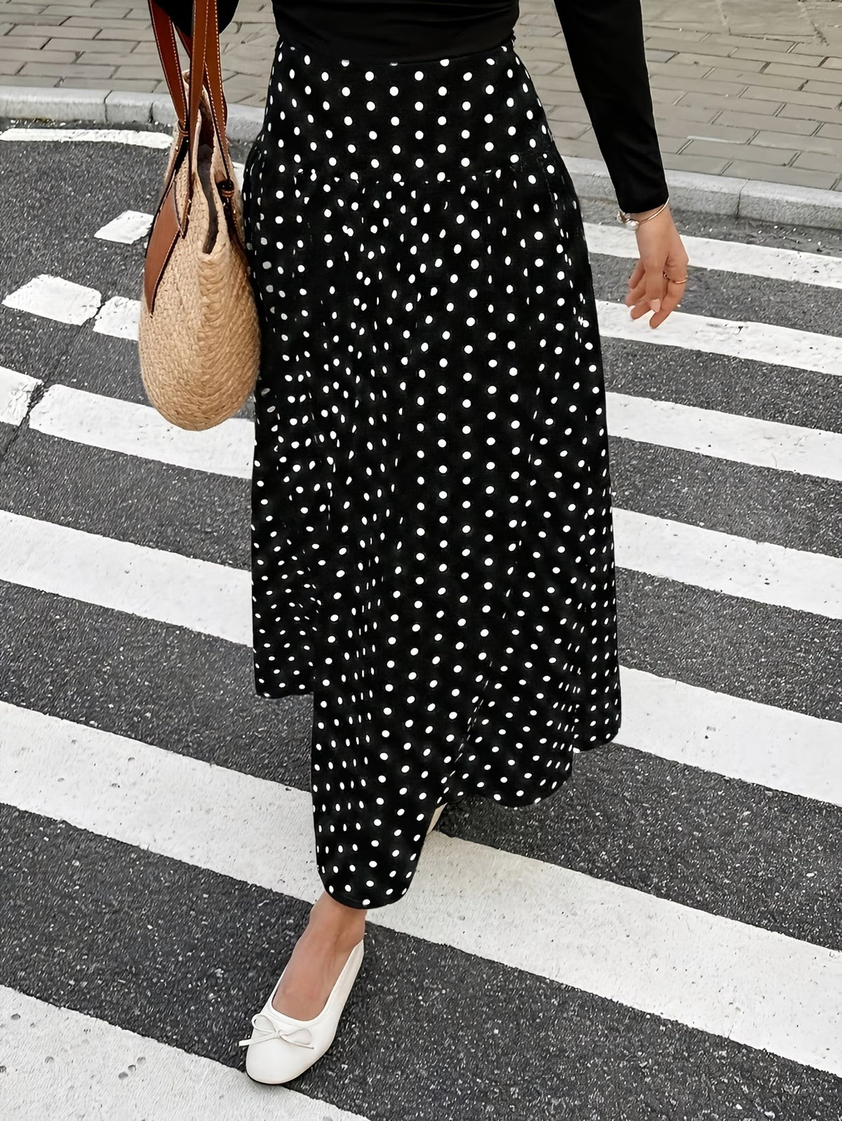 High Waist Polka Dot Maxi Skirt - Black - 2