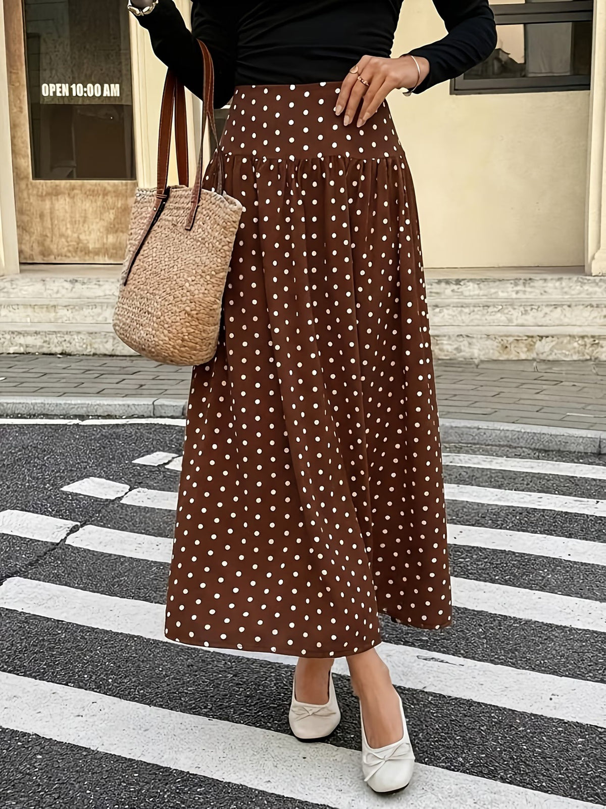High Waist Polka Dot Maxi Skirt - Coffee