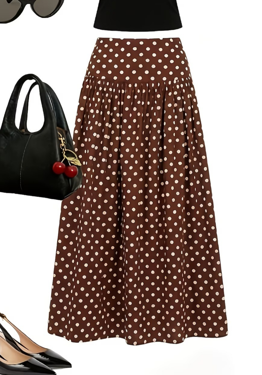 High Waist Polka Dot Maxi Skirt - Coffee - 1
