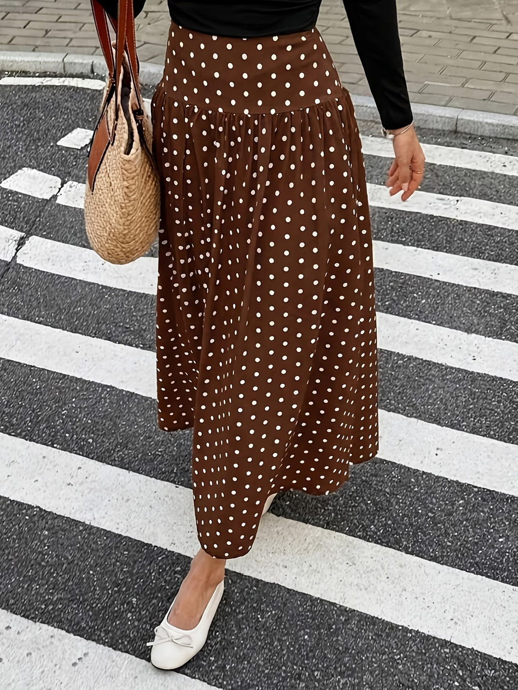 High Waist Polka Dot Maxi Skirt - Coffee - 2