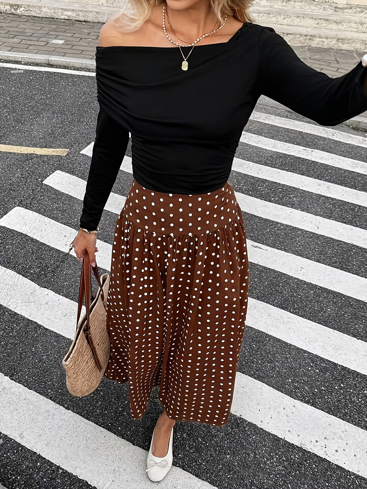 High Waist Polka Dot Maxi Skirt - Coffee - 4