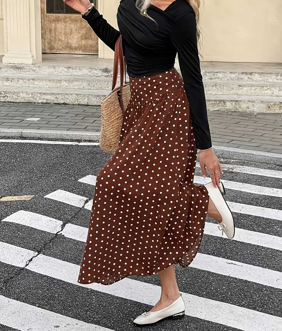 High Waist Polka Dot Maxi Skirt - Coffee - 5