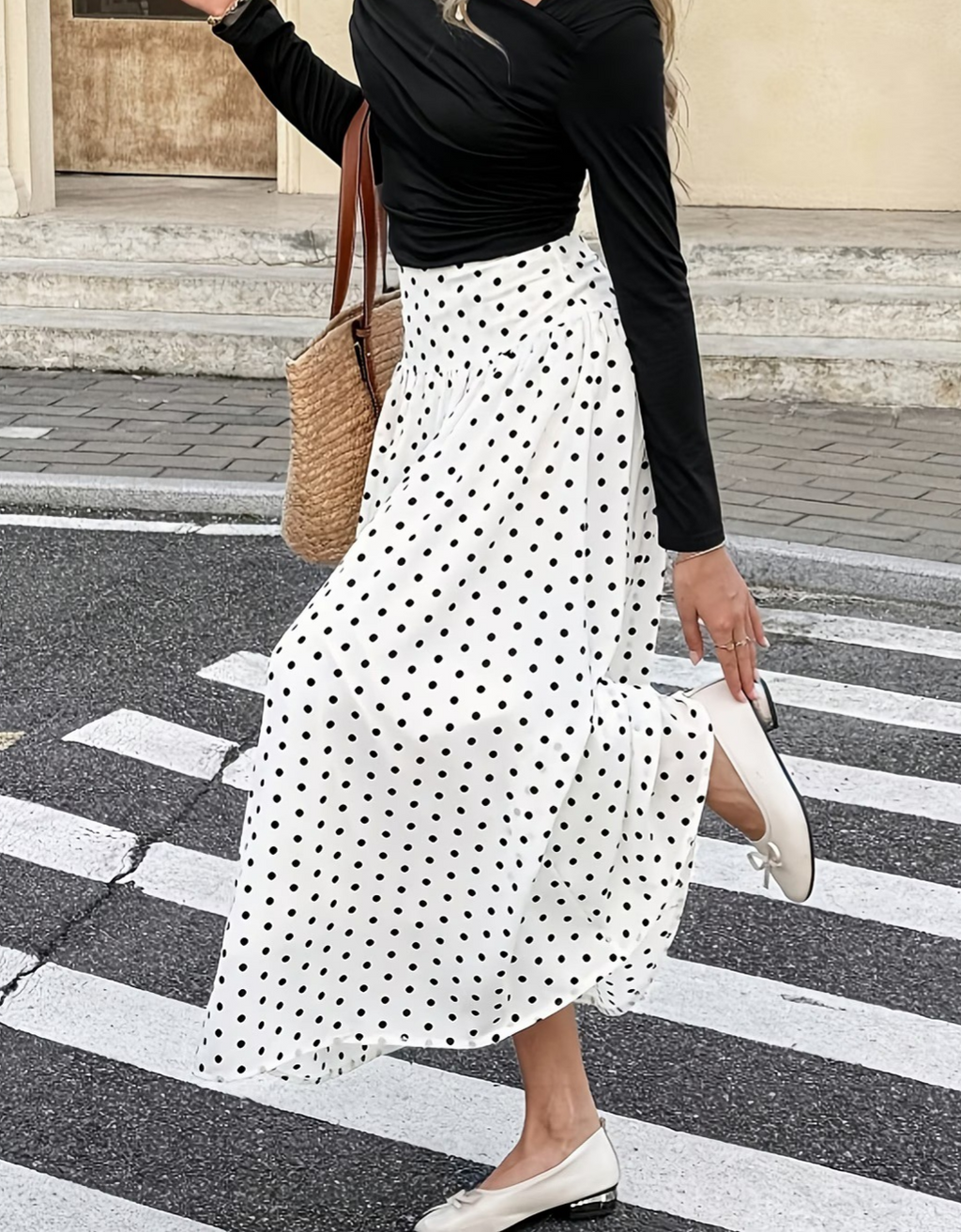 High Waist Polka Dot Maxi Skirt - White - 1