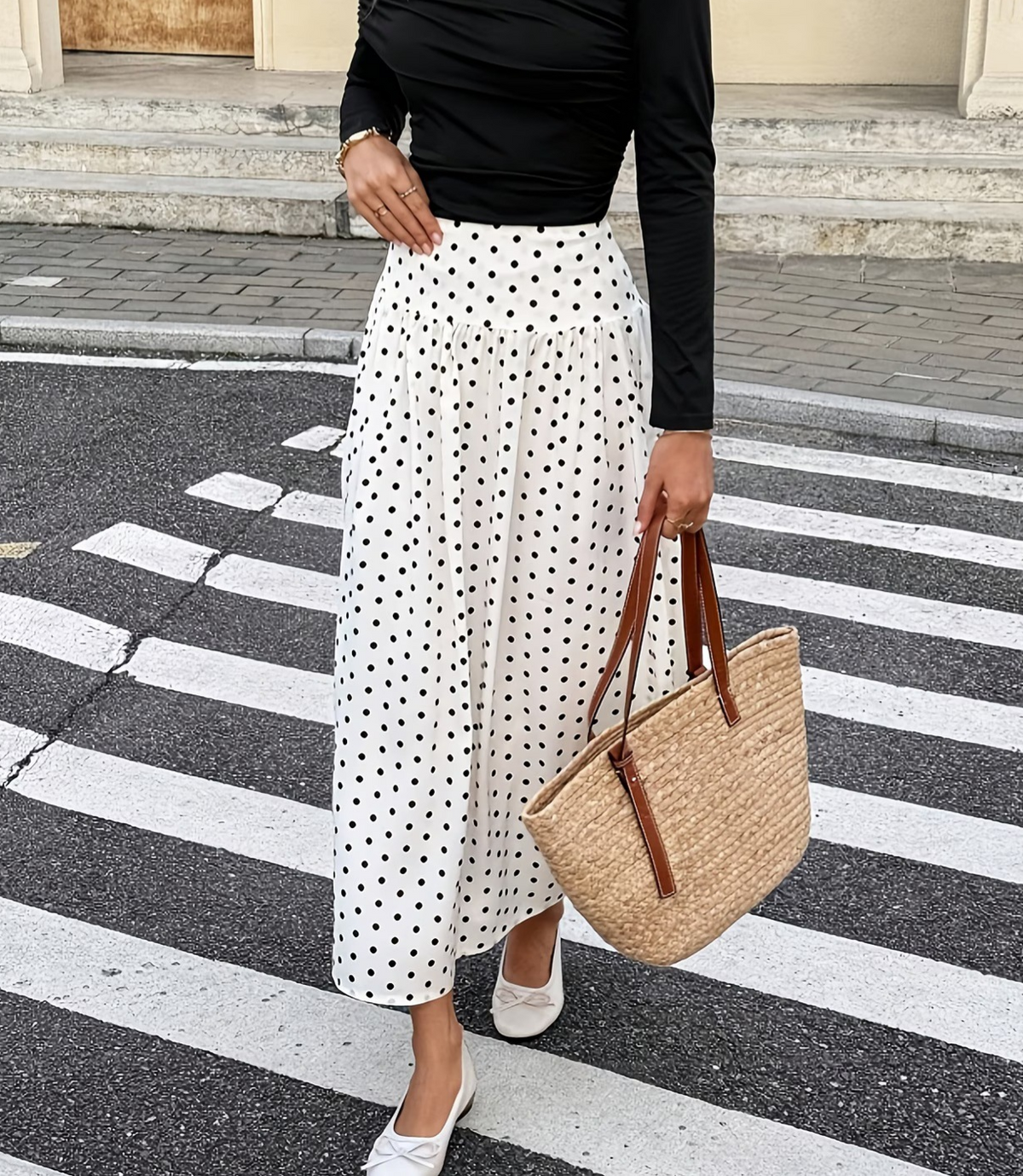 High Waist Polka Dot Maxi Skirt - White - 2