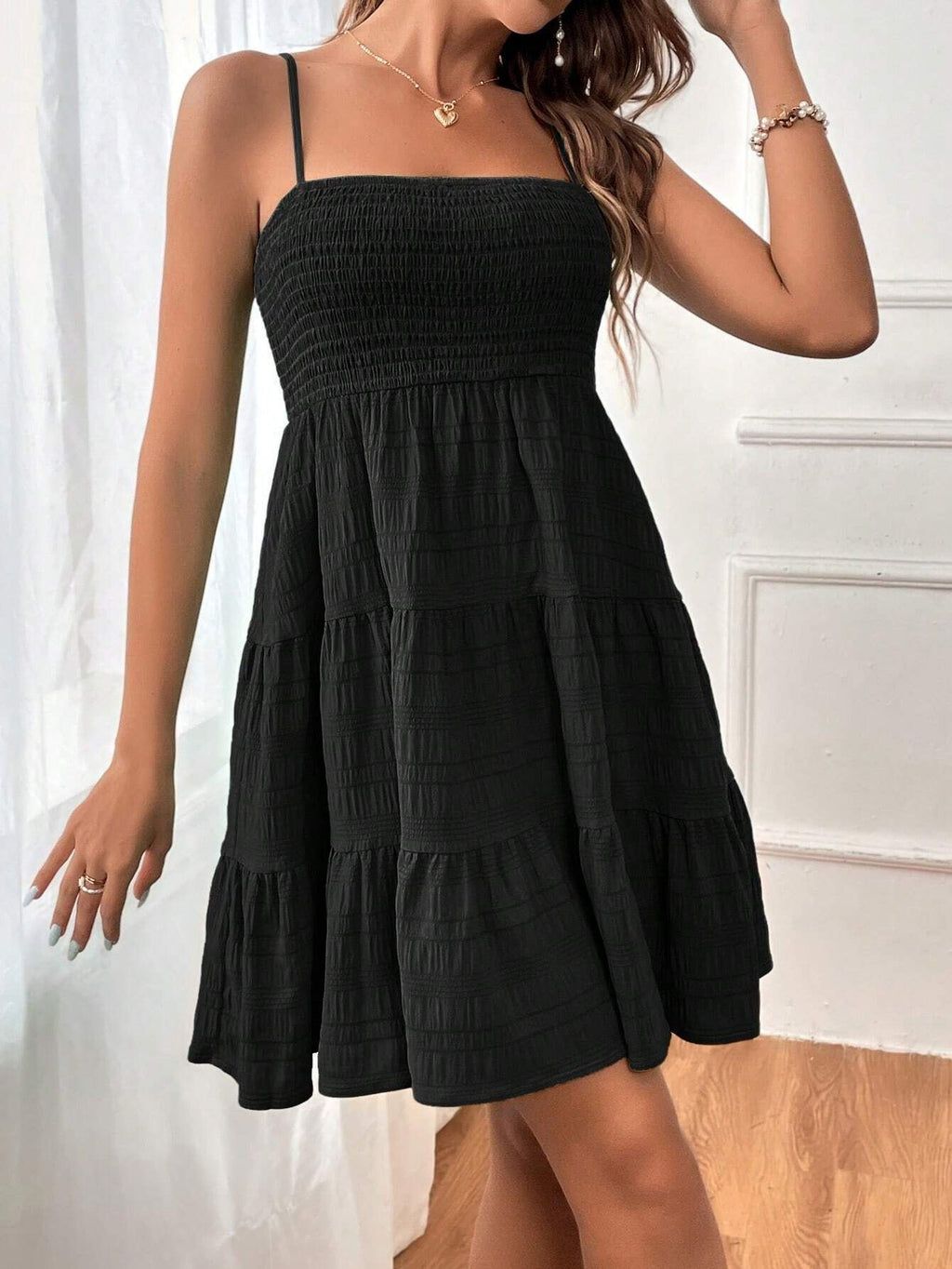 Textured Smocked Tiered Mini Sundress - Black - 2