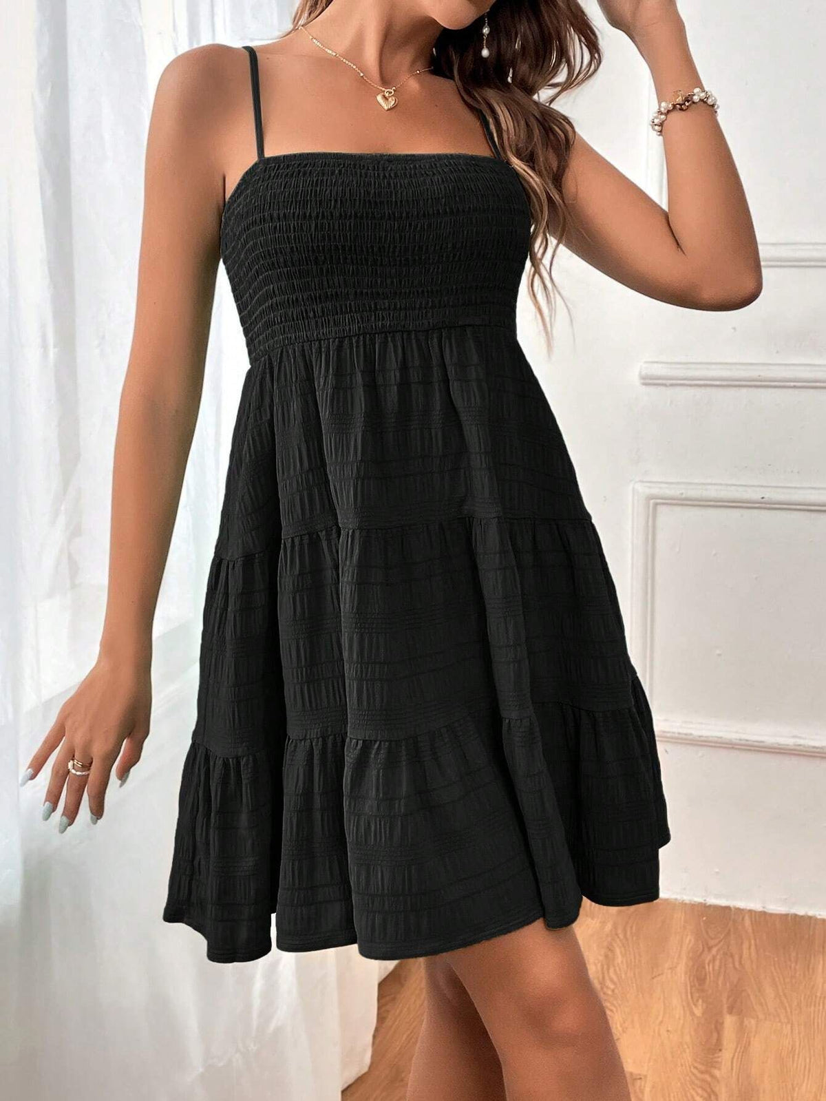 Textured Smocked Tiered Mini Sundress - Black - 2