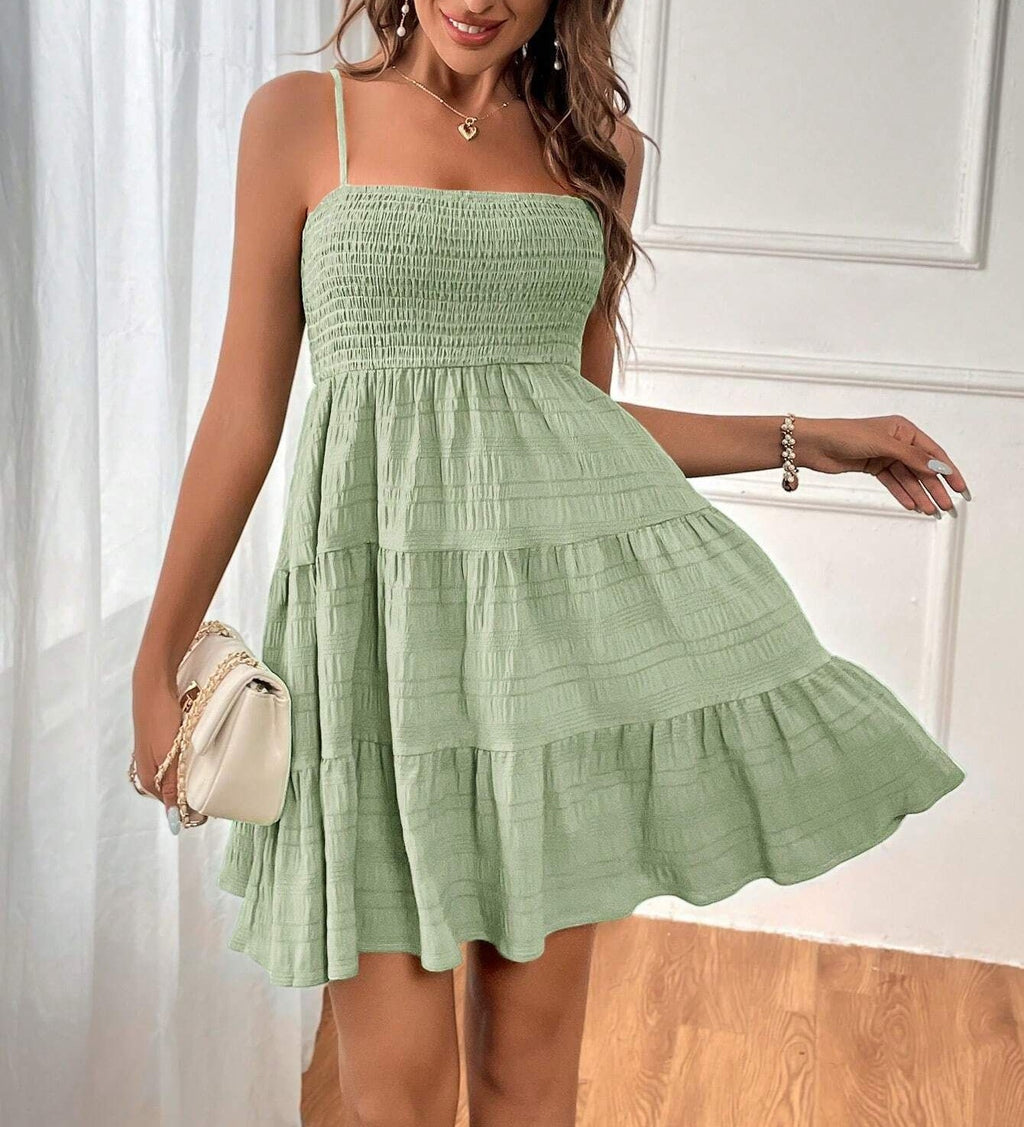 Textured Smocked Tiered Mini Sundress - Lightgreen