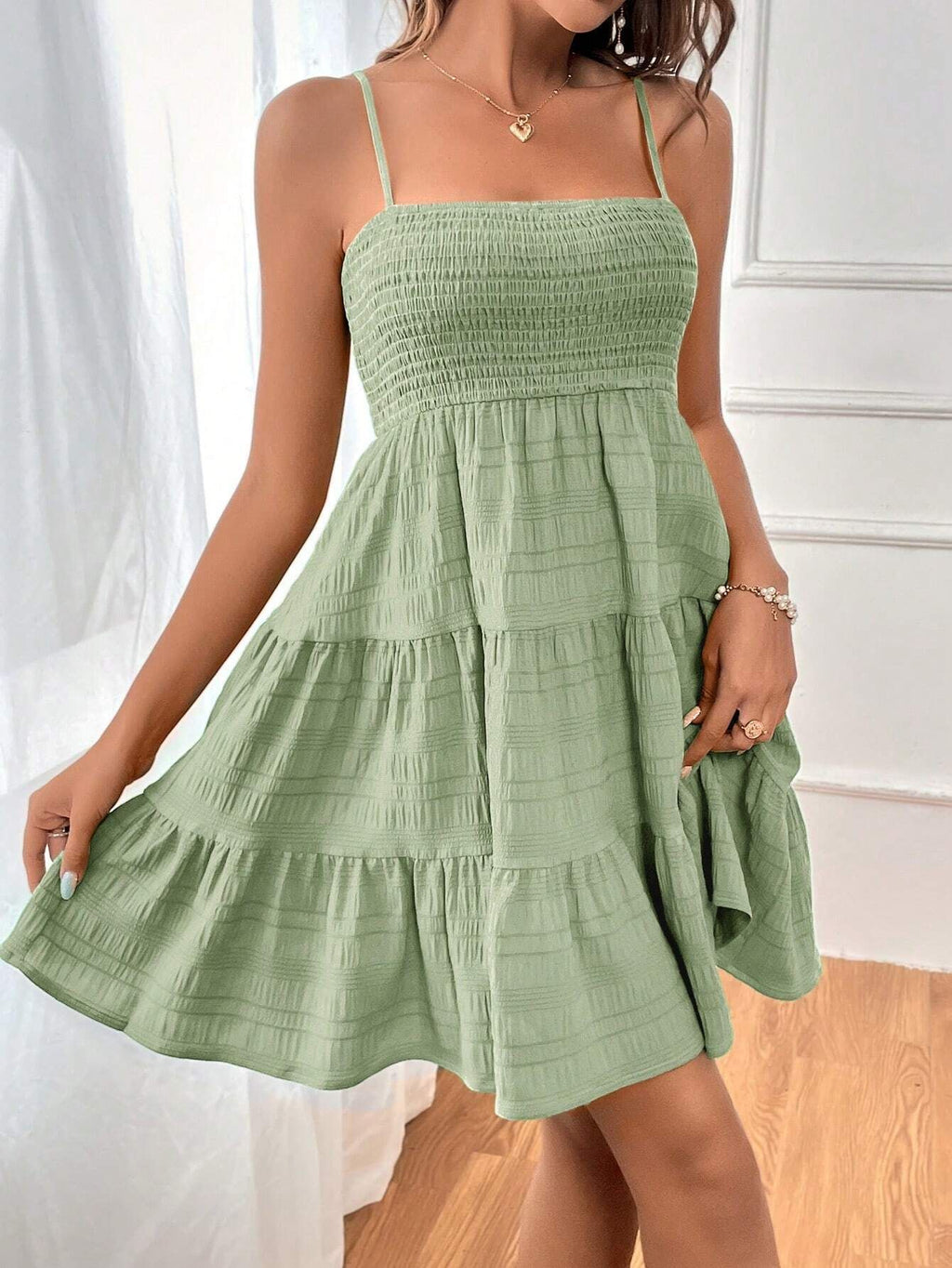 Textured Smocked Tiered Mini Sundress - Lightgreen - 2