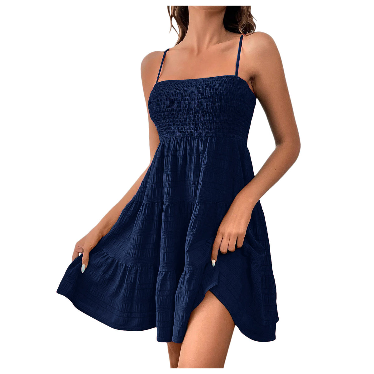Textured Smocked Tiered Mini Sundress - Navy