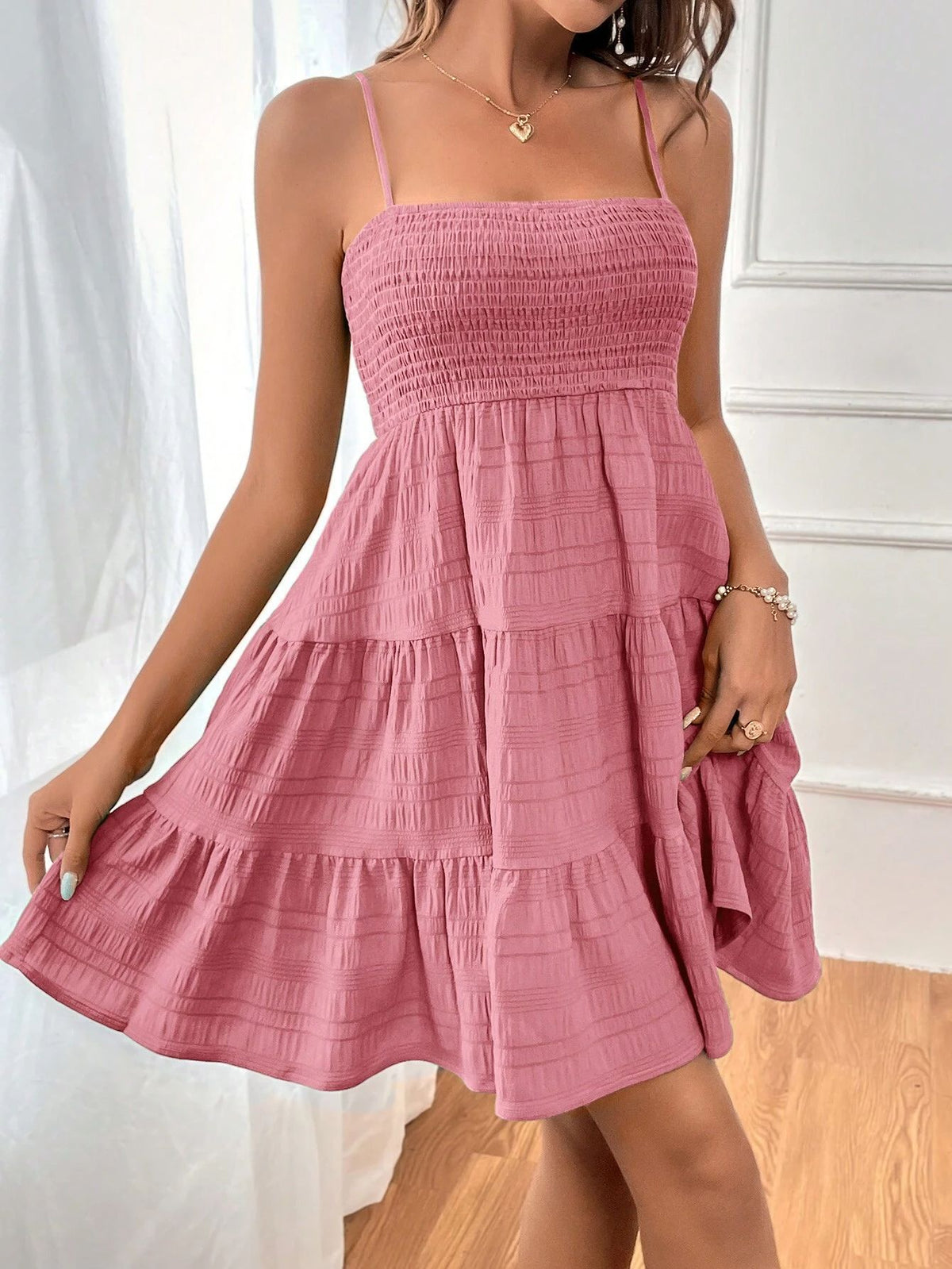 Textured Smocked Tiered Mini Sundress - Pink - 2