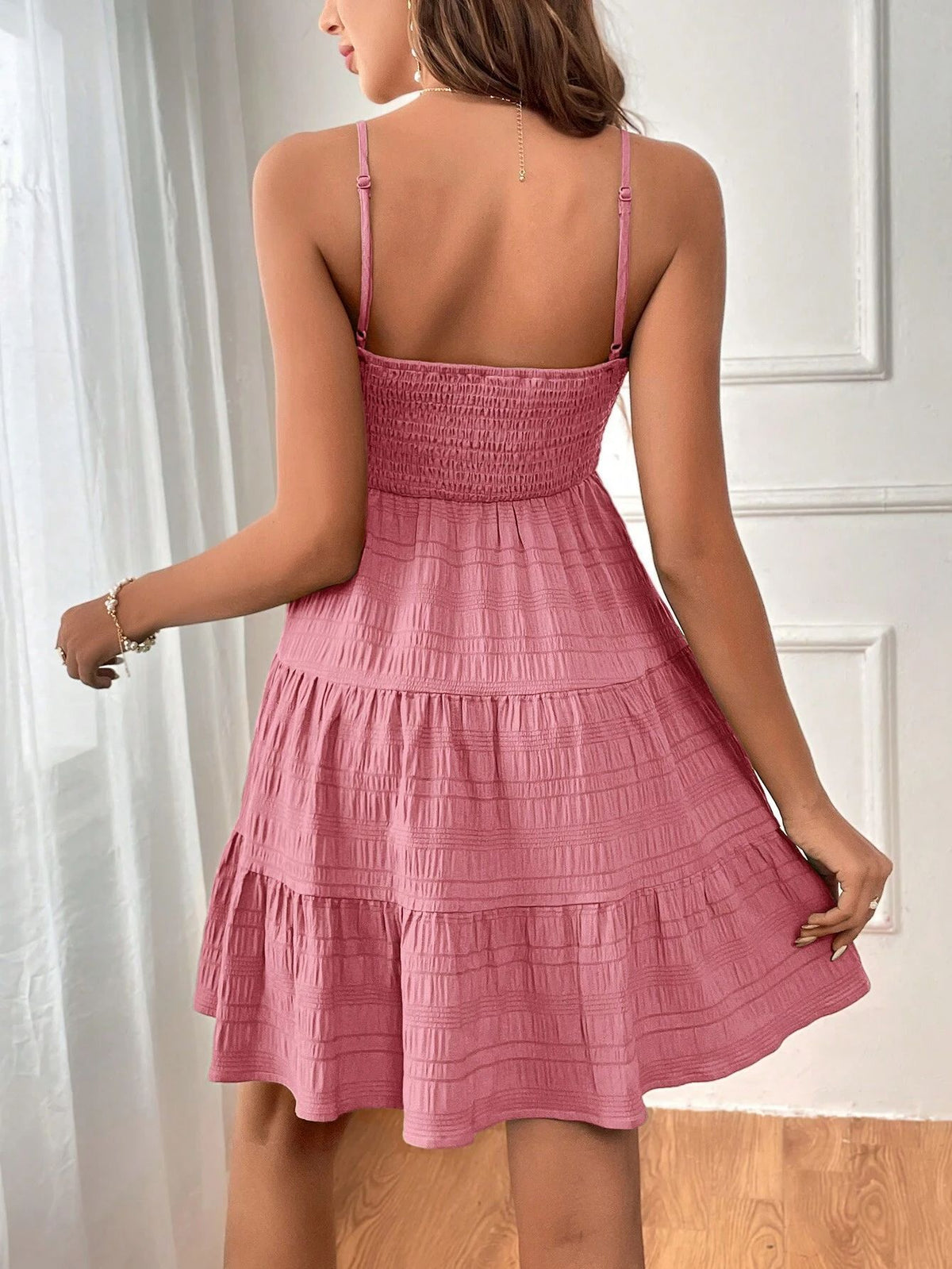 Textured Smocked Tiered Mini Sundress - Pink - 3