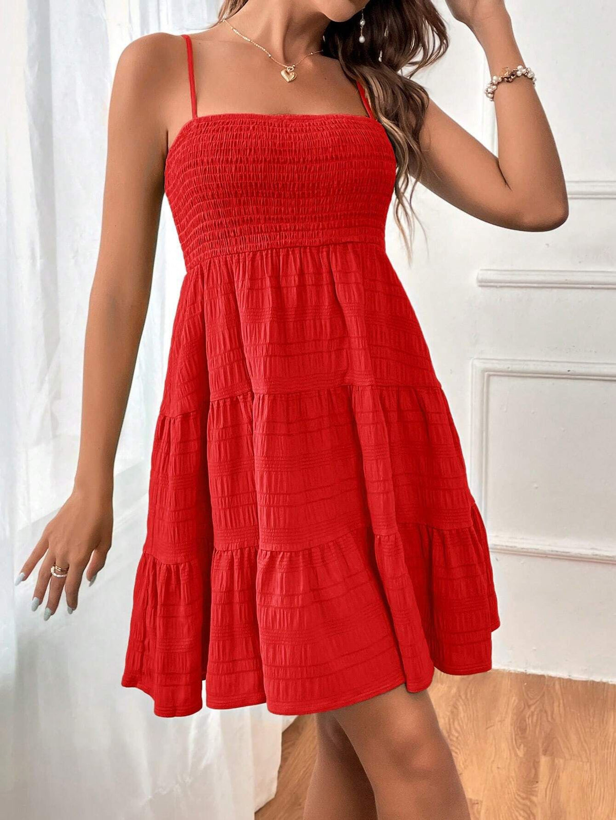 Textured Smocked Tiered Mini Sundress - Red