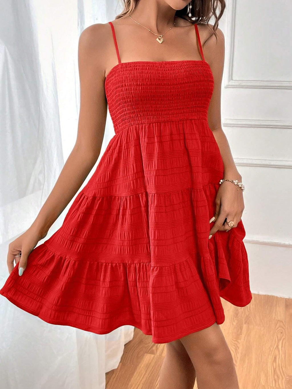 Textured Smocked Tiered Mini Sundress - Red - 2