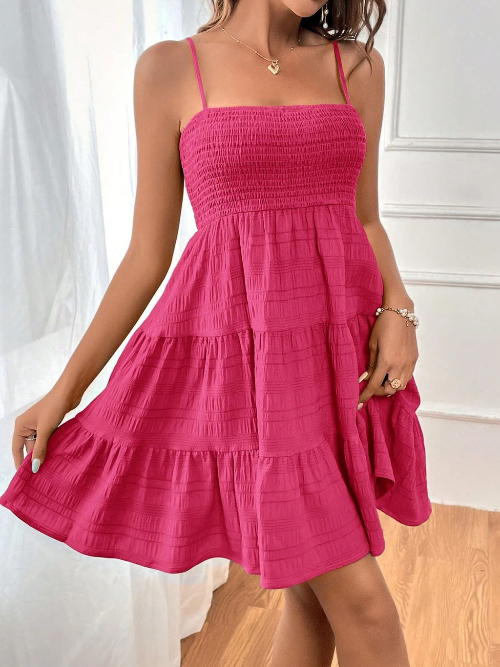 Textured Smocked Tiered Mini Sundress - Rosered - 2
