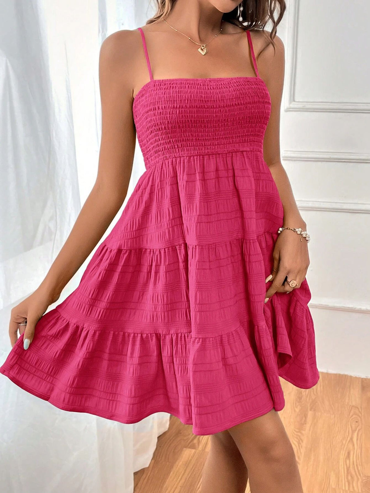 Textured Smocked Tiered Mini Sundress - Rosered - 2