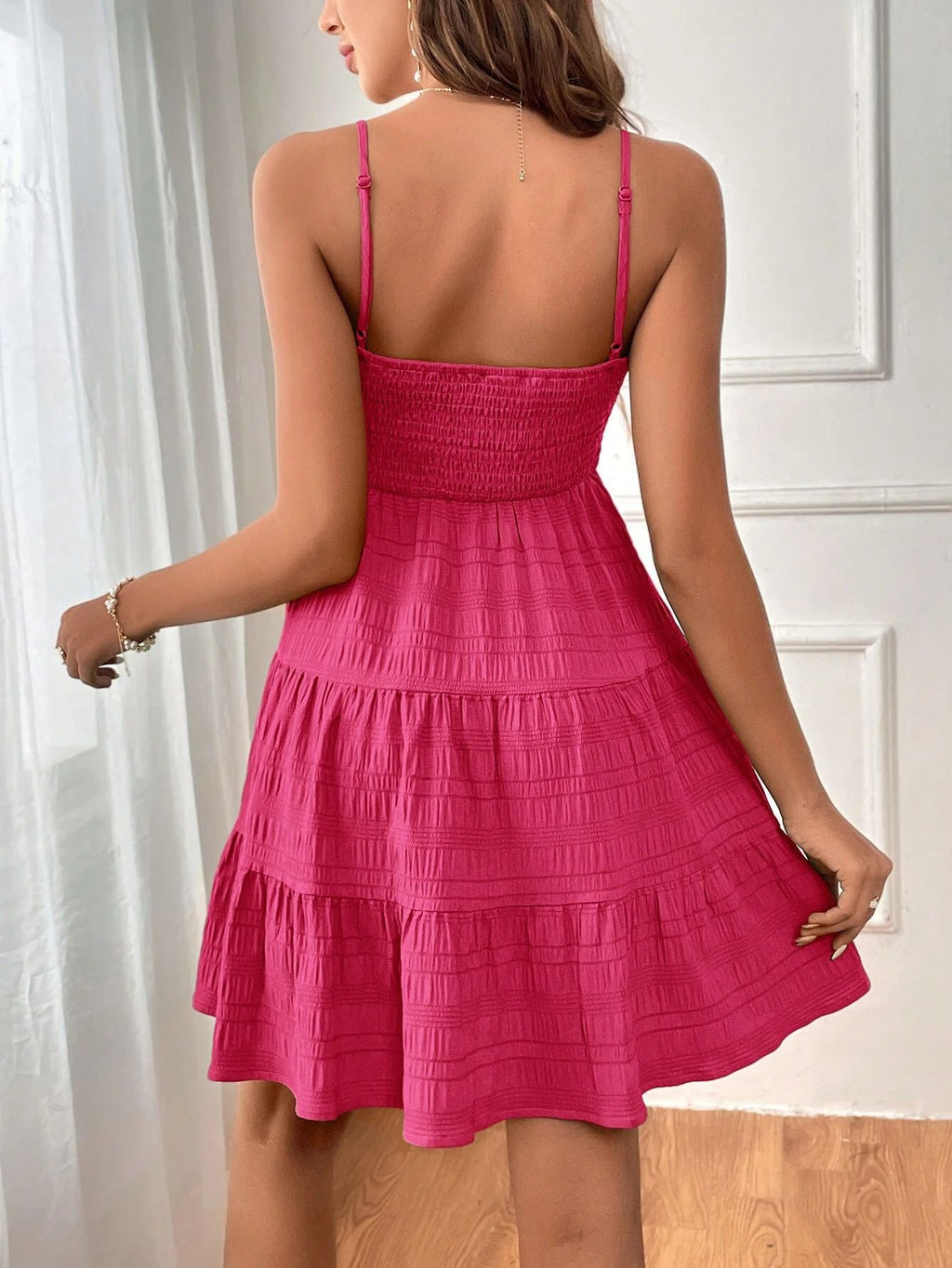 Textured Smocked Tiered Mini Sundress - Rosered - 3