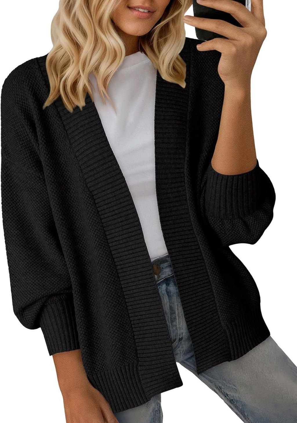 Ribbed Open Front Dolman Sleeve Cardigan - Black