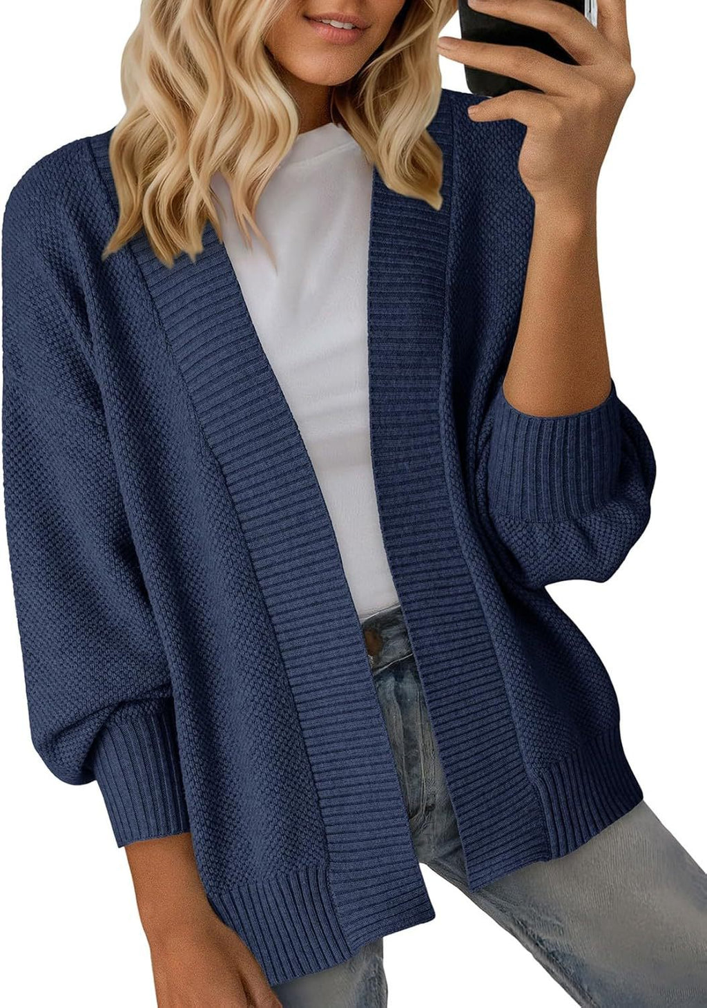 Ribbed Open Front Dolman Sleeve Cardigan - Darkblue