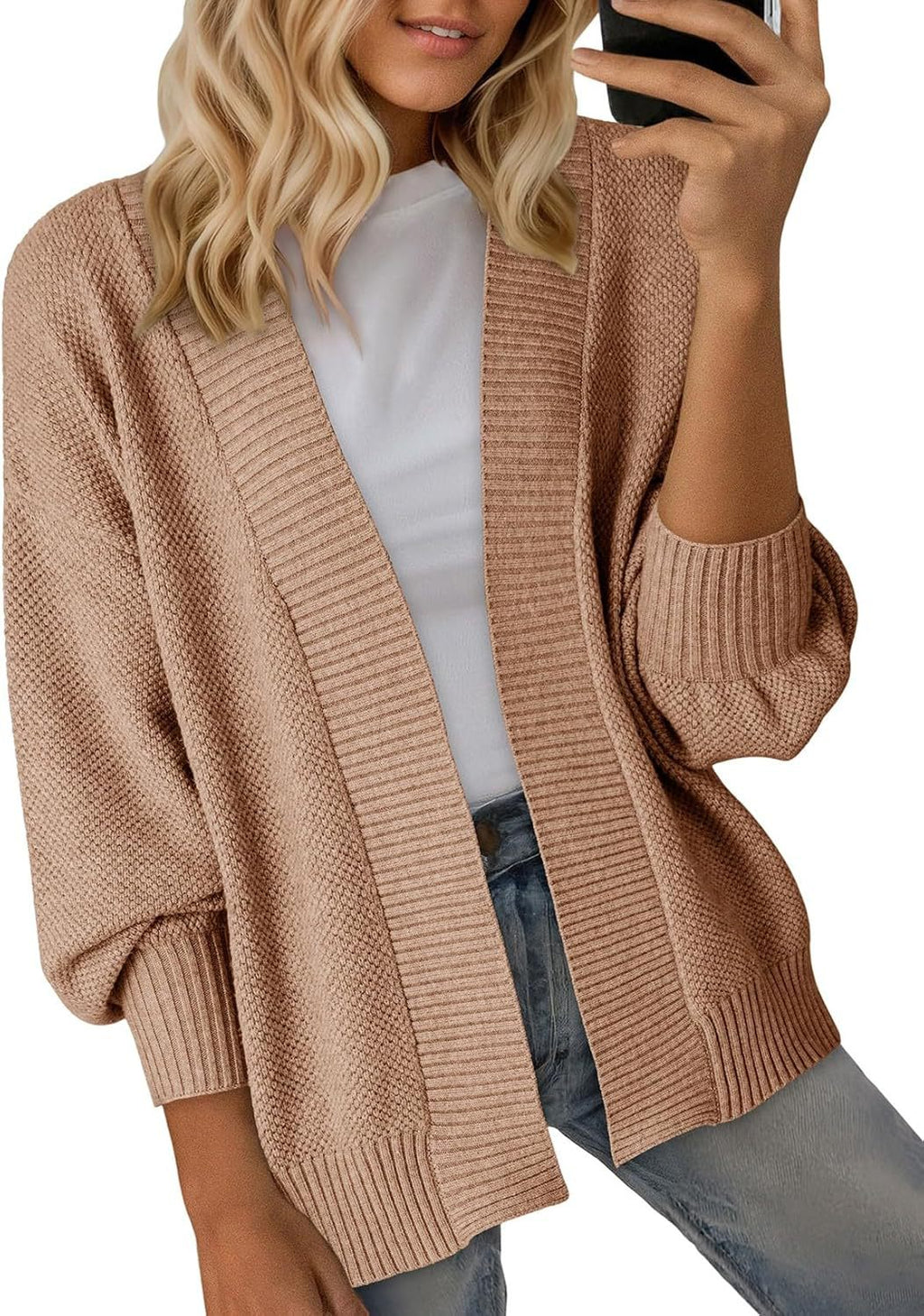 Ribbed Open Front Dolman Sleeve Cardigan - Darkpink