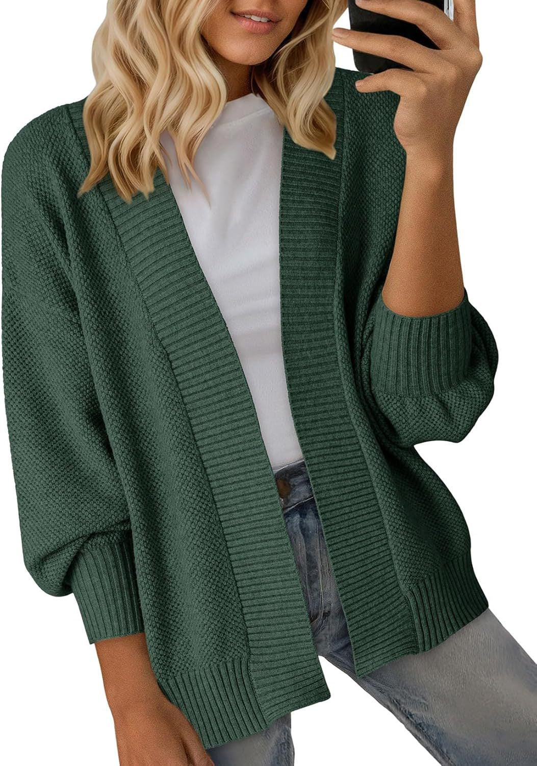 Ribbed Open Front Dolman Sleeve Cardigan - Green
