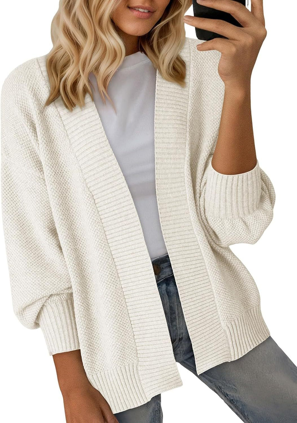 Ribbed Open Front Dolman Sleeve Cardigan - White