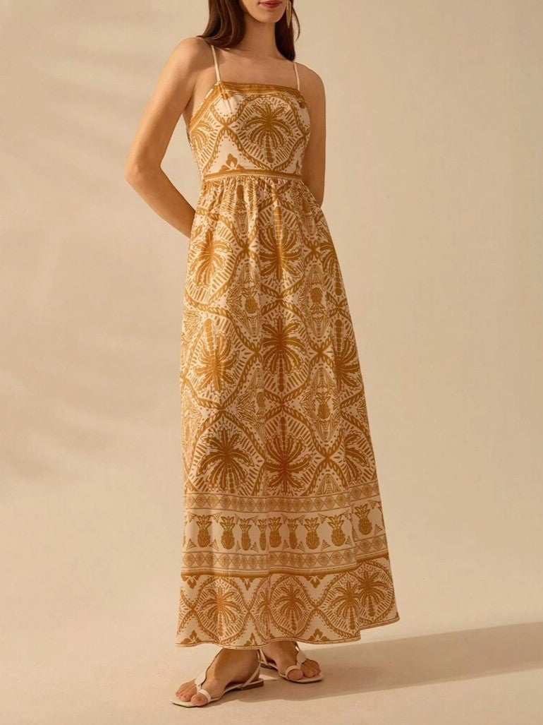 Palm Print Smocked Bodice Maxi Sundress - Caramel
