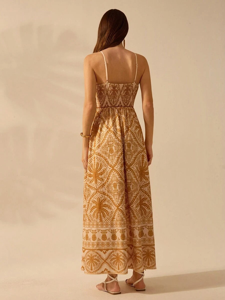 Palm Print Smocked Bodice Maxi Sundress - Caramel - 1