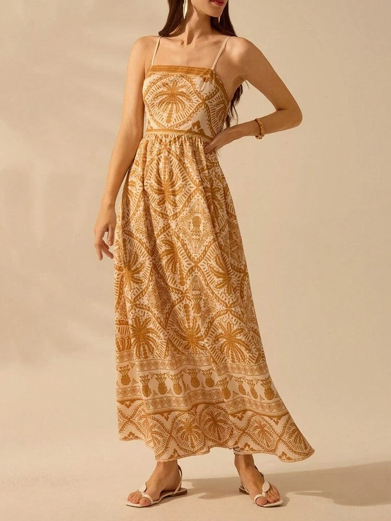 Palm Print Smocked Bodice Maxi Sundress - Caramel - 2