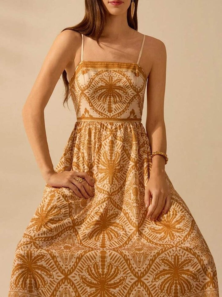 Palm Print Smocked Bodice Maxi Sundress - Caramel - 3