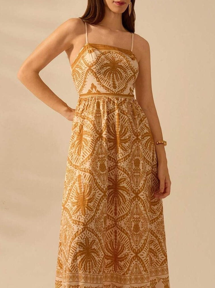 Palm Print Smocked Bodice Maxi Sundress - Caramel - 4