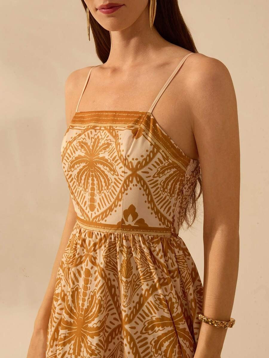 Palm Print Smocked Bodice Maxi Sundress - Caramel - 5