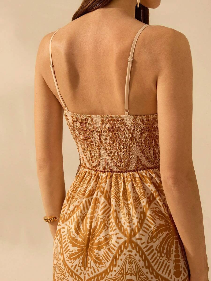 Palm Print Smocked Bodice Maxi Sundress - Caramel - 6