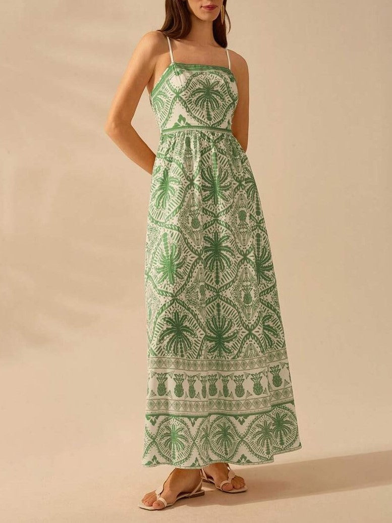 Palm Print Smocked Bodice Maxi Sundress - Green