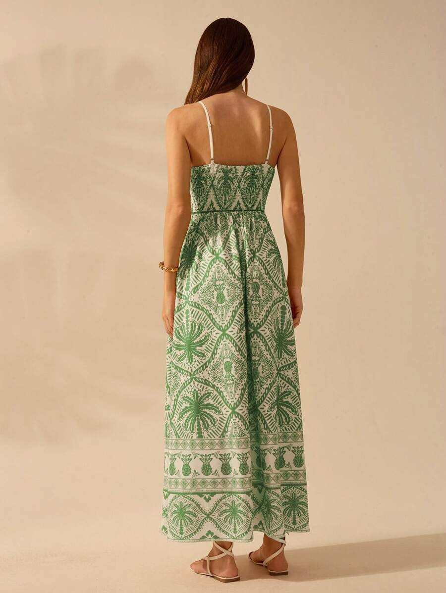 Palm Print Smocked Bodice Maxi Sundress - Green - 1