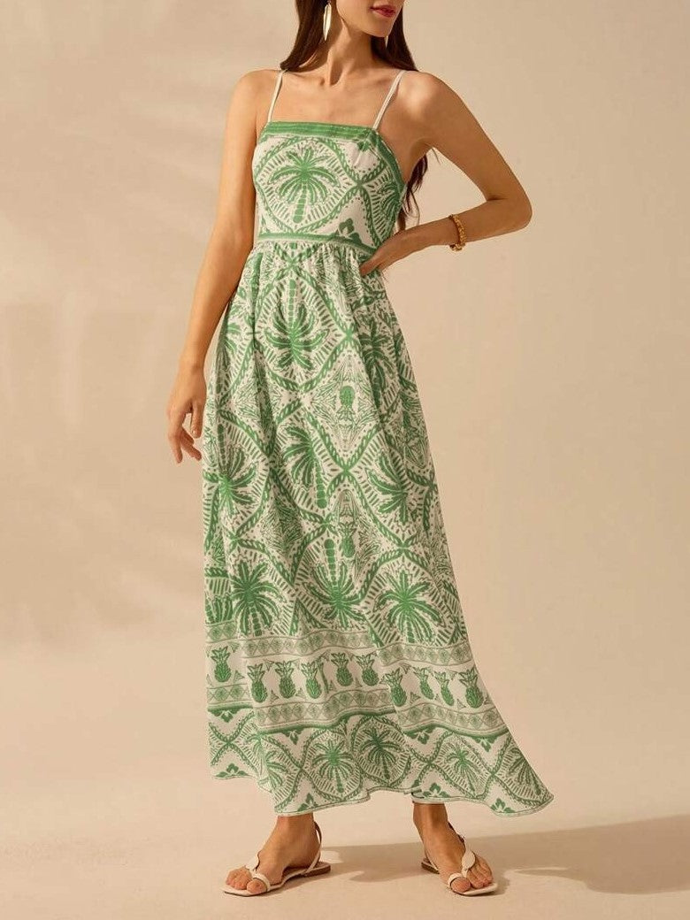 Palm Print Smocked Bodice Maxi Sundress - Green - 2