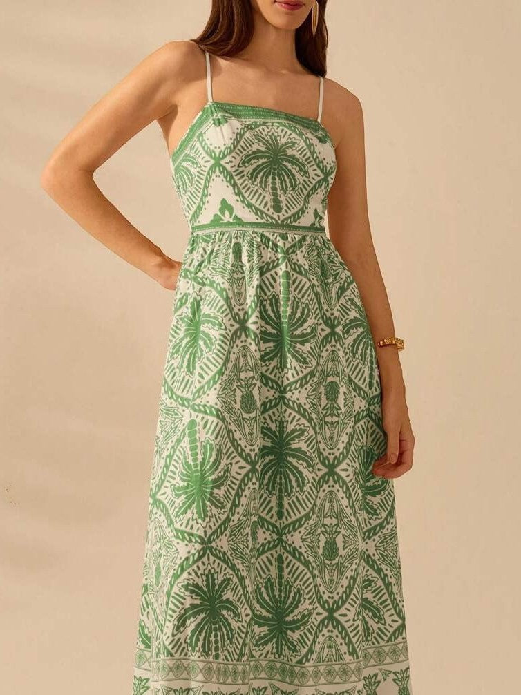 Palm Print Smocked Bodice Maxi Sundress - Green - 3