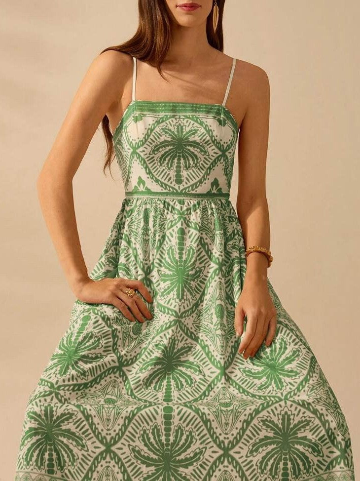 Palm Print Smocked Bodice Maxi Sundress - Green - 4