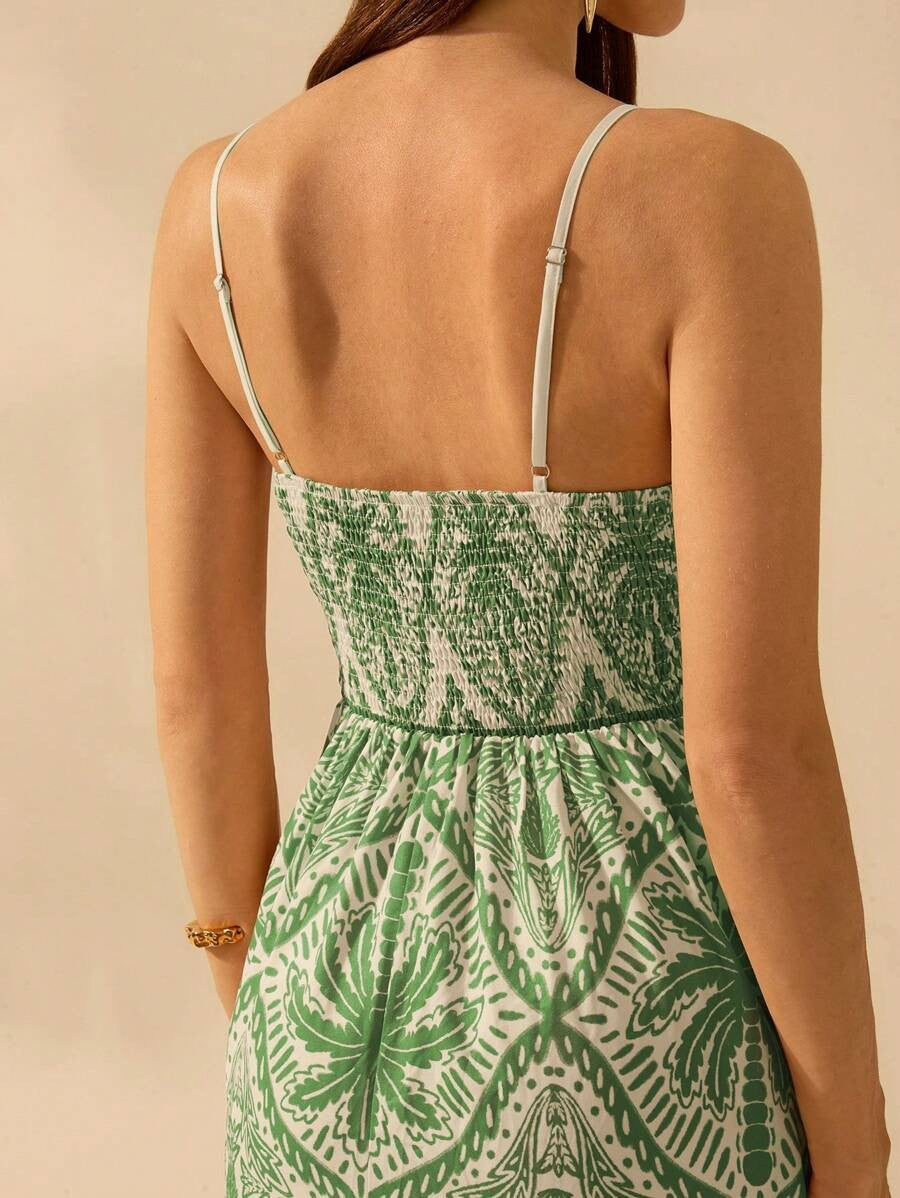 Palm Print Smocked Bodice Maxi Sundress - Green - 6